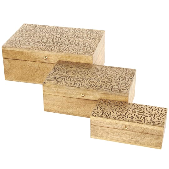 Brown Mango Wood Scroll Handmade Storage Box with Vine Carvings & Gold Accents, 3ct.